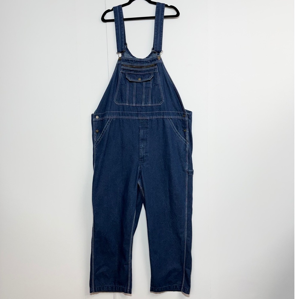 Real Work Overalls Mens 44x28 Blue Denim Bib Relaxed Fit Utility Carpenter Pant